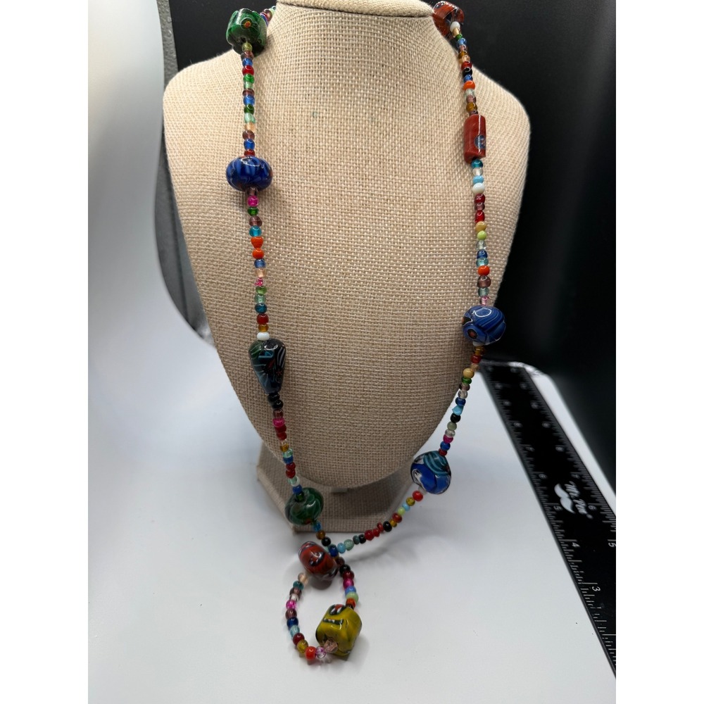 Handmade Lampwork Art Glass Bead Necklace Multi Color Rainbow Boho 32 Inch